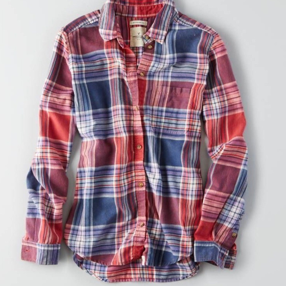 Blue and red plaid button down shirt/flannel!